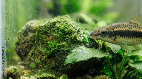Close up of a Siamese algae eater fish next to a rock covered in green hair algae