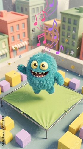 Whimsical 3D render of a furry monster jumping on a trampoline