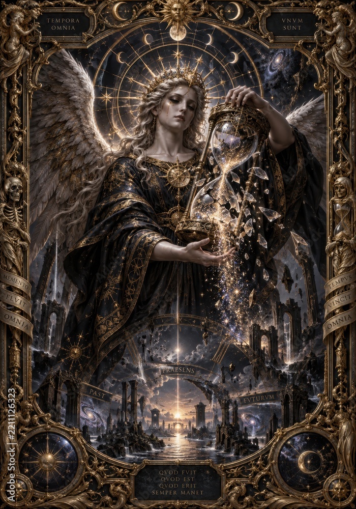 Fototapeta premium Mystical angelic figure with detailed golden frame and celestial background art