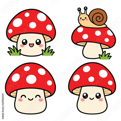 A collection of cute cartoon mushrooms with happy faces and a little snail on one of them isolated on a clean white background for design