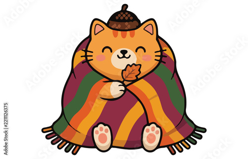 A collection of cute autumn themed illustrations featuring a scarecrow pumpkins fresh cider a cozy cat wrapped in a blanket and colorful fall foliage elements