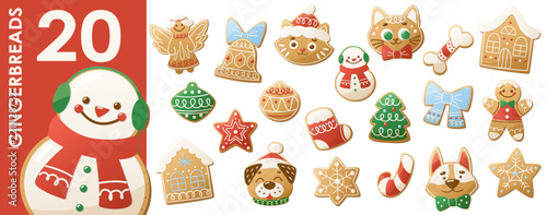 Christmas gingerbread cookie set with animal faces, snowflake, houses, angel, bell and festive treats. A goods perfect for Christmas bakery packaging, festive bakery menus, and holiday treat boxes.