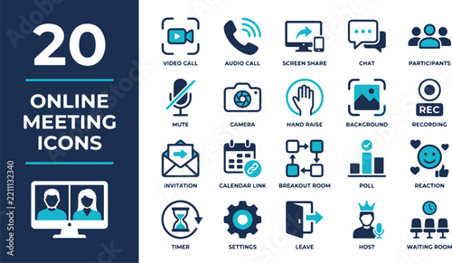 Online meeting icon set. Includes symbols for video call, audio call, screen share, and chat. Blue and dark grey vector graphics for remote work communication, conference apps, and web tools.