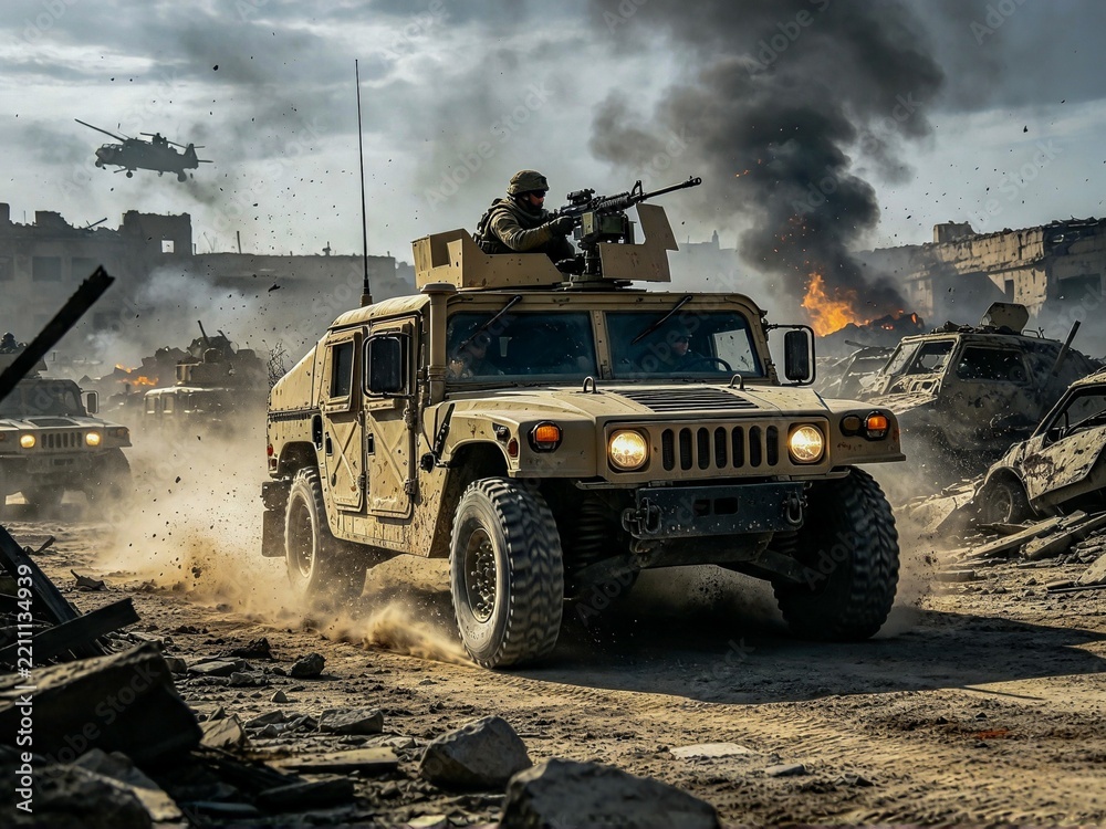 Obraz premium Military armored vehicle moving at a high rate of speed