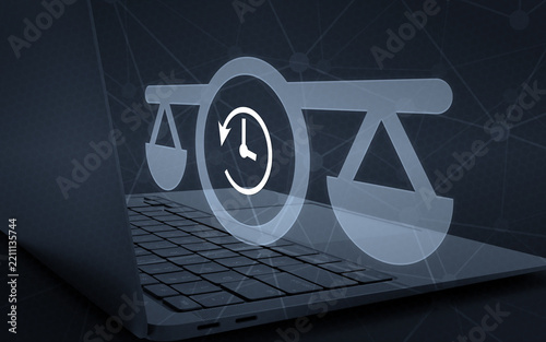 Legal history concept illustrating historical law, retroactive justice, and specialized legal timeframes with a digital scale and clock icon on a laptop screen.