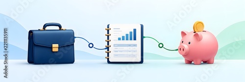 Minimalist financial planning 3D illustration, briefcase connecting to growth chart report and piggy bank savings