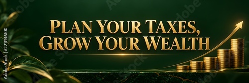 Plan Your Taxes, Grow Your Wealth typography banner, gold financial growth graph, dark green elegance background
