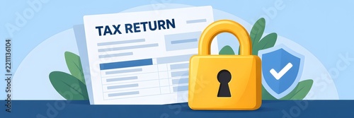 Tax return form secured with yellow padlock, financial privacy and data protection banner illustration