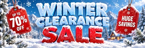 Winter clearance sale banner background, seasonal shopping discount promotion, snowy holiday sale header graphic