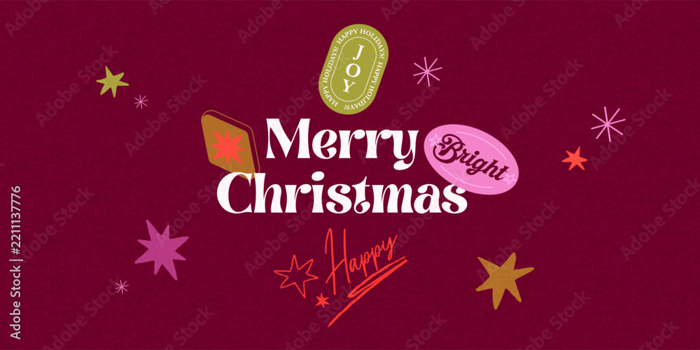 Naklejka premium Modern Christmas Card or Poster with Bold Typography, Geometric Sticker Shapes and Hand Drawn Stars in a rich burgundy, pink, olive and coral palette. Holiday artwork for season greetings, covers.