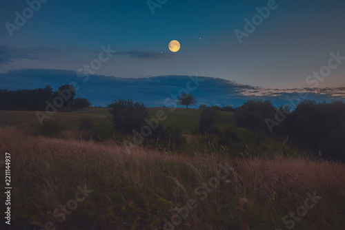 Full Moon, stars and planets above landscape silhouettes in blue hour time.