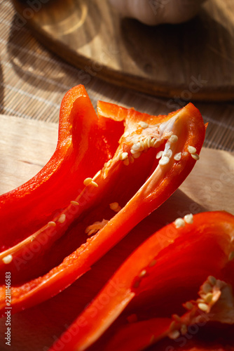 Fresh Red Bell Pepper Cut in Half, Close-Up
