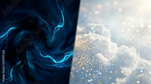 Abstract split background with dark blue energy vortex and bright