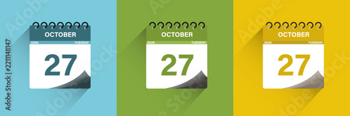 Three calendar pages showing october 27, 2026, on blue, green, and yellow backgrounds, representing date planning and scheduling concepts