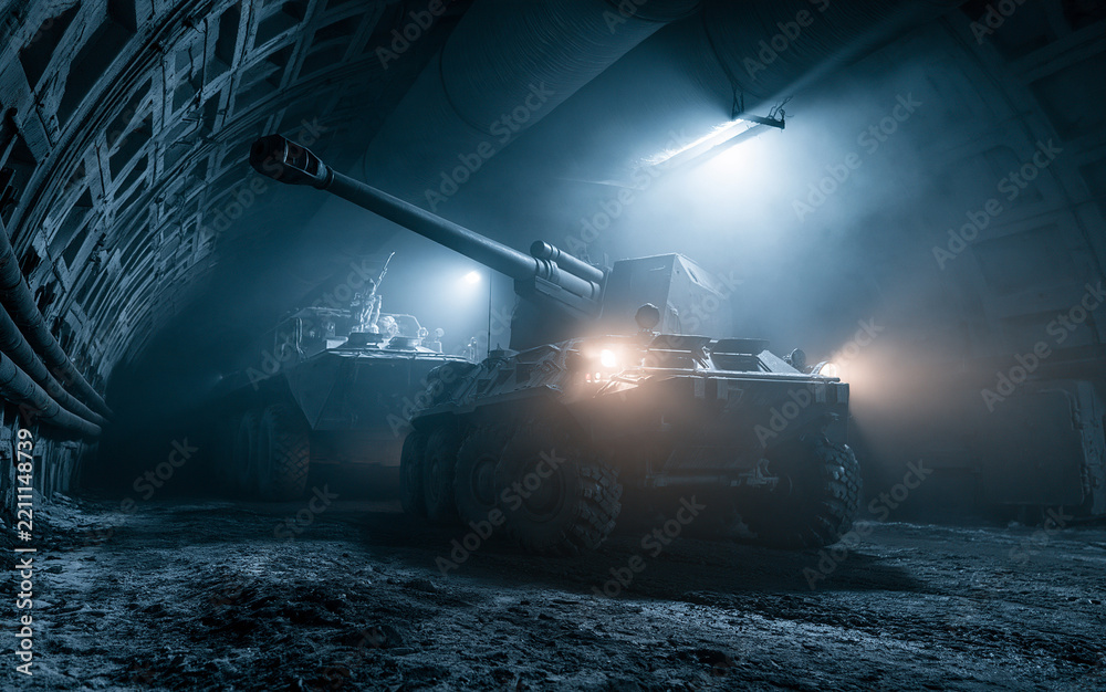 Fototapeta premium Military defense and combat readiness, heavy artillery and armored vehicle in a dark underground bunker for strategic warfare and national security