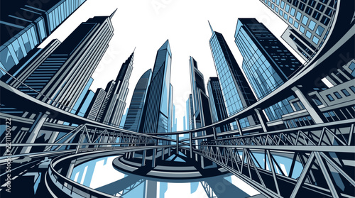 Futuristic metropolis vector with glowing blue skyscrapers and elevated highways. Modern dark urban landscape background with high contrast neon city architecture.