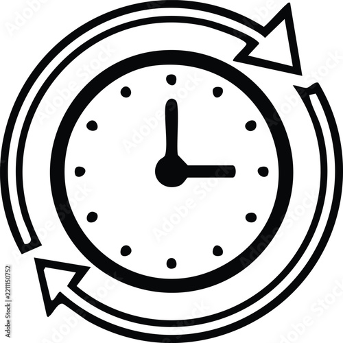 Hand drawn clock with circular arrows, black and white watch