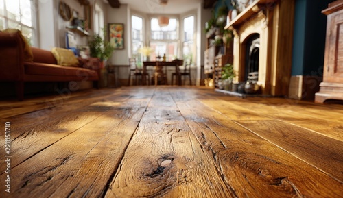 Close-up view of antique oak flooring in a bright, spacious room