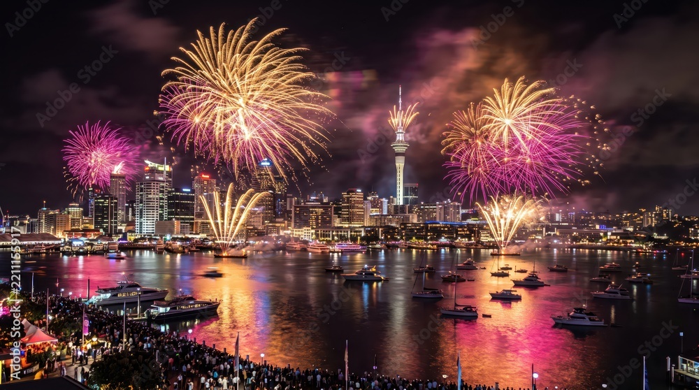 Fototapeta premium Fireworks burst above Auckland skyline and harbor during a waterfront celebration. City tower and boats on reflective harbor water. Public festivities and civic event. Urban gathering