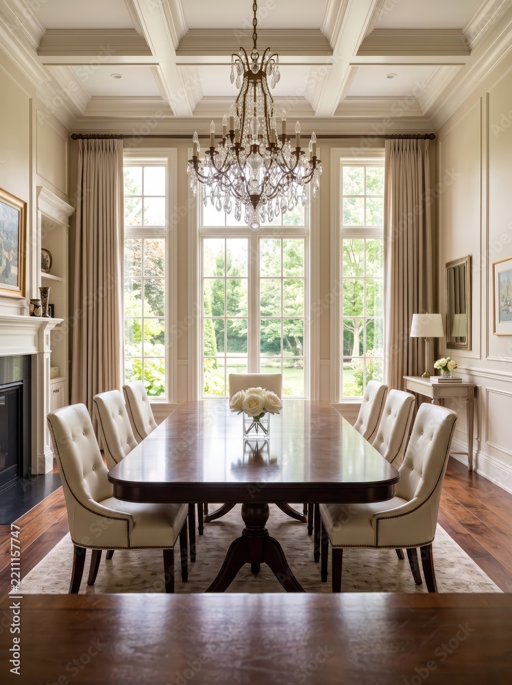 Obraz premium Elegant dining room with long table beneath crystal chandelier and tall garden-facing windows. Formal interior design. Refined home dining and entertaining. Classic residential architecture.