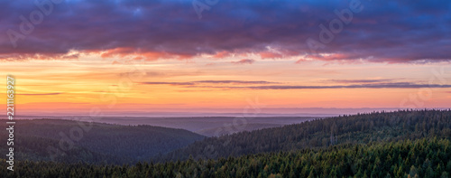 Ausblick vom Hohlohturm im Schwarzwald über endlose Wälder bei Sonnenaufgang, Baden-Württemberg, Deutschland 