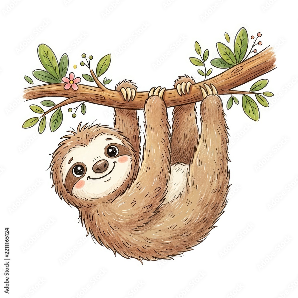 Obraz premium Cute Cartoon Sloth Hanging From Branch With Leaves and Pink Flower