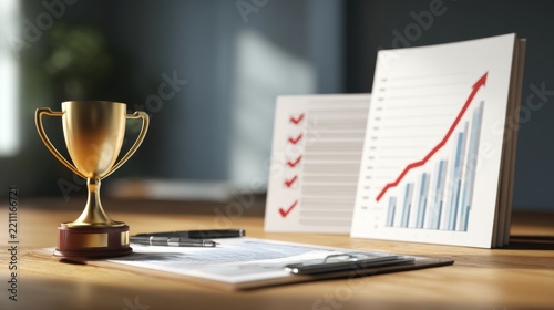 Golden trophy on financial growth chart in business environment, corporate achievement and success concept with rising revenue, leadership, performance, career milestone, financial growth and professi