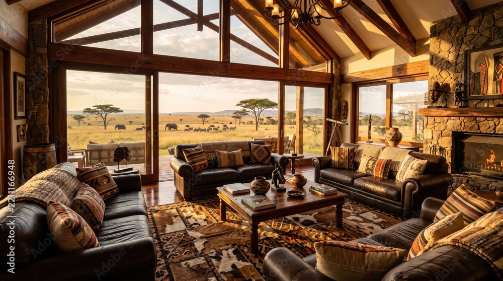 Obraz premium Rustic lodge living room overlooking wildlife on open savanna. Safari landscape with grazing elephants and herd animals. African-inspired interior design. Luxury lodge retreat.