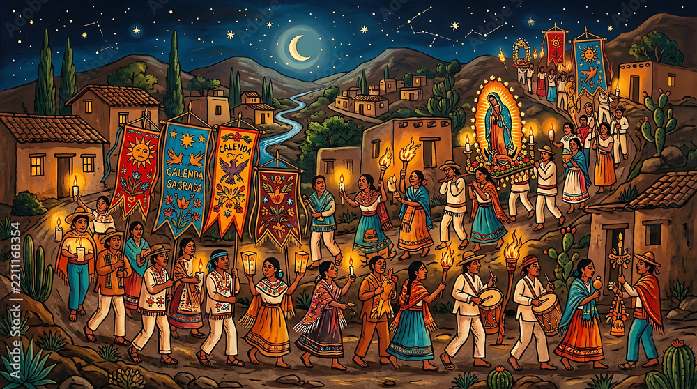 Fototapeta premium Amate bark painting, candlelit procession with banners, folk wall art