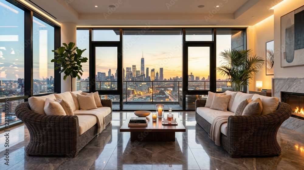 Obraz premium Contemporary living room overlooking Manhattan skyline through floor-to-ceiling windows. Luxury urban interior design and modern apartment lounge. Urban living and contemporary home decor.