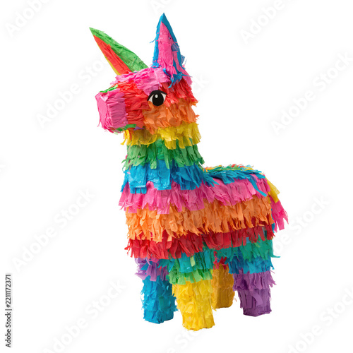 Colorful unicorn piñata standing against a plain backdrop during a celebration Isolated on transparent background