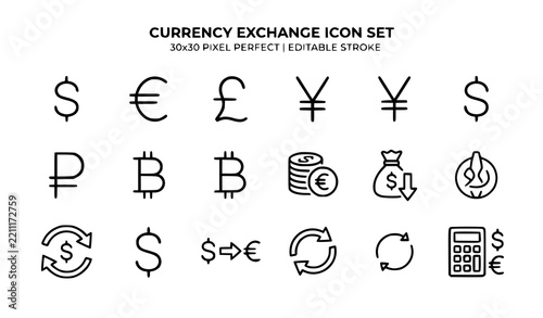 Currency exchange line icon set with dollar euro pound yen yuan ruble bitcoin coins money bag calculator and exchange arrows in editable stroke vector illustration