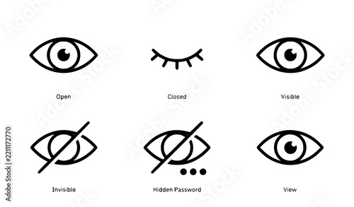 Eye visibility line icons set with open closed visible invisible hidden password and view symbols in black outline vector illustration for web interface