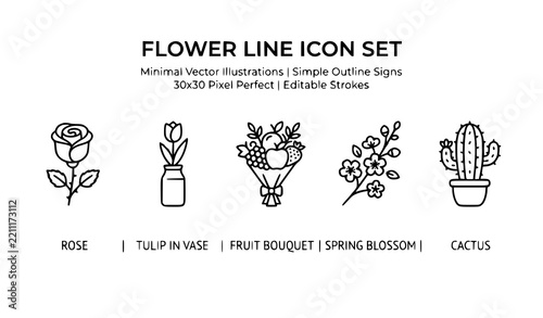 Flower line icon set with rose tulip in vase fruit bouquet spring blossom and cactus in minimal editable stroke vector illustration