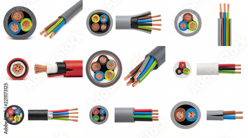 Set of electric cable cross sections showing copper wires, insulation, and outer sheaths. Collection of electrical wiring components isolated on a white background.
