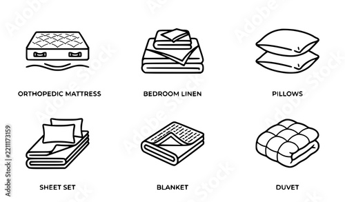 Bedding line icons set with orthopedic mattress bedroom linen pillows sheet set blanket and duvet in black outline vector illustration for home textile