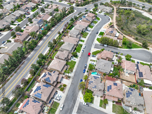 Aerial View of construction communities, developed subdivisions, single-family and manufactured homes in Winchester, Inland Empire region of Riverside County, California, USA