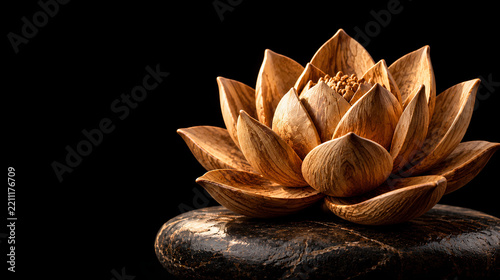 Meticulously carved wooden lotus flower sculpture placed on a smooth dark river stone