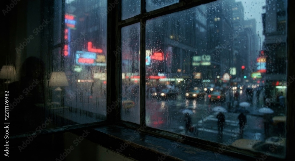 Fototapeta premium Rainy city street with neon signs and umbrellas seen through a dark window