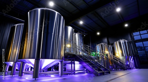 Stainless steel tanks illuminated in a modern brewery with blue and purple lighting at dusk