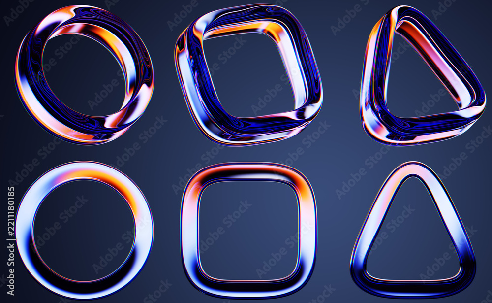 Fototapeta premium Glass geometric 3D frames collection with vibrant neon light refraction, crystal borders of round, square and triangle shapes with glowing red orange gradient isolated on dark blue bg. 3D illustration