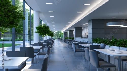 Modern, spacious cafeteria interior with neat tables, chairs, greenery, and large windows allowing natural light