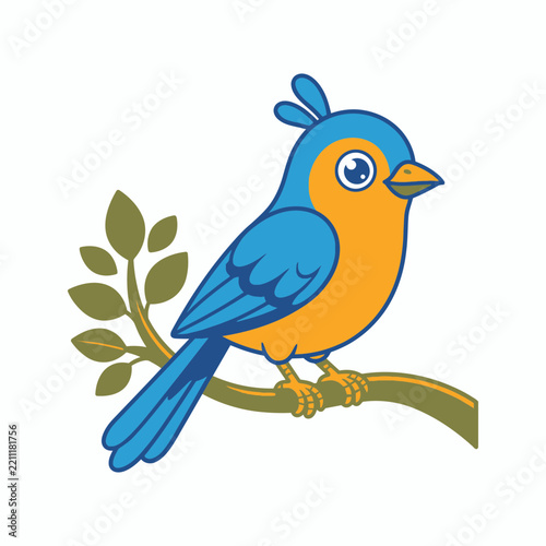 Cute Cartoon Blue Bird with Orange Breast Perched on a Leafy Tree Branch Illustration
