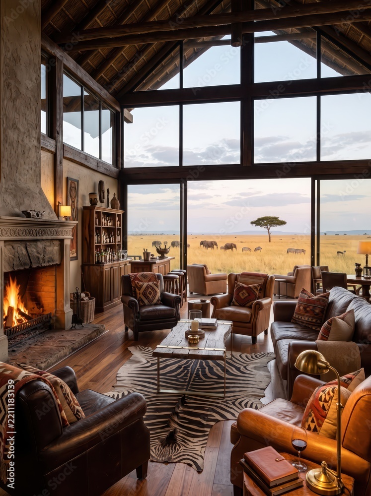 Obraz premium Rustic lodge lounge overlooking elephants and zebras across open savanna. Wildlife visible through expansive windows. Safari lodge hospitality. Luxury wilderness retreat and travel.