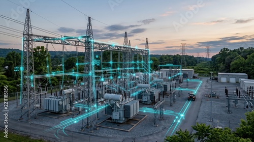 Electrical substation with smart grid data overlay and power transmission equipment. Smart electricity infrastructure and energy distribution. Grid modernization and utility technology.