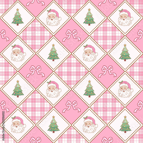Christmas Seamless Pattern Geometric Harlequin with Pink Santa Head Christmas Tree and Bow Decorative Shapes for Wallpaper, Fabric, Textile, Tile, Background and Ornamental Design