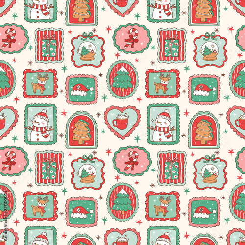 Vintage Christmas Seamless Pattern with Postage Stamps, Holiday Icons, Hearts and Snowman Christmas Tree, Reindeer, Festive Vector Design for Cards, Scrapbooks, Wallpaper and Textile Backgrounds