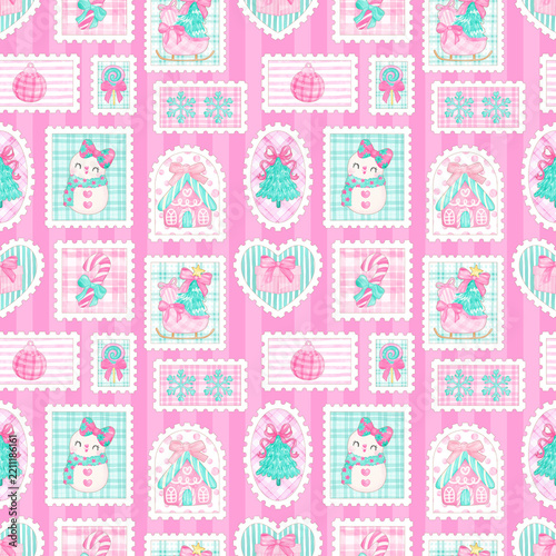 Christmas Seamless Pattern with Pink Flowers, Hearts and Vintage Decorations for Invitation Card, Scrapbook, Fabric, Watercolor, Birthday and Child Design