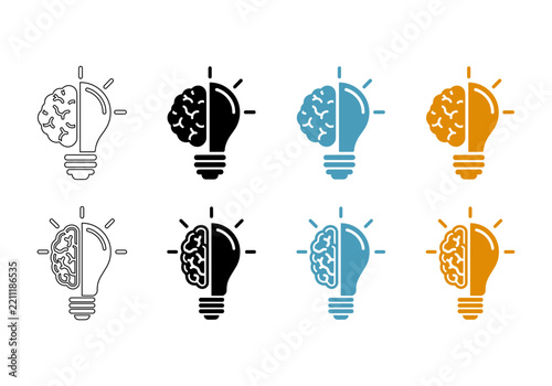 Set of light bulb icons with human brain halves representing creativity and artificial intelligence concepts