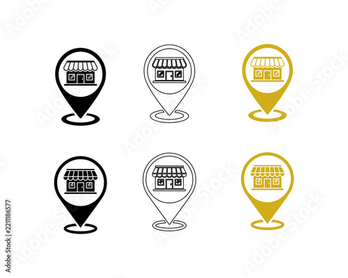Set of location pin icons featuring shop and store building symbols in various styles